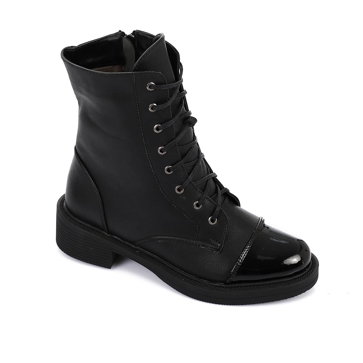 Leather Patent Cap-Toe Combat Boots - Black