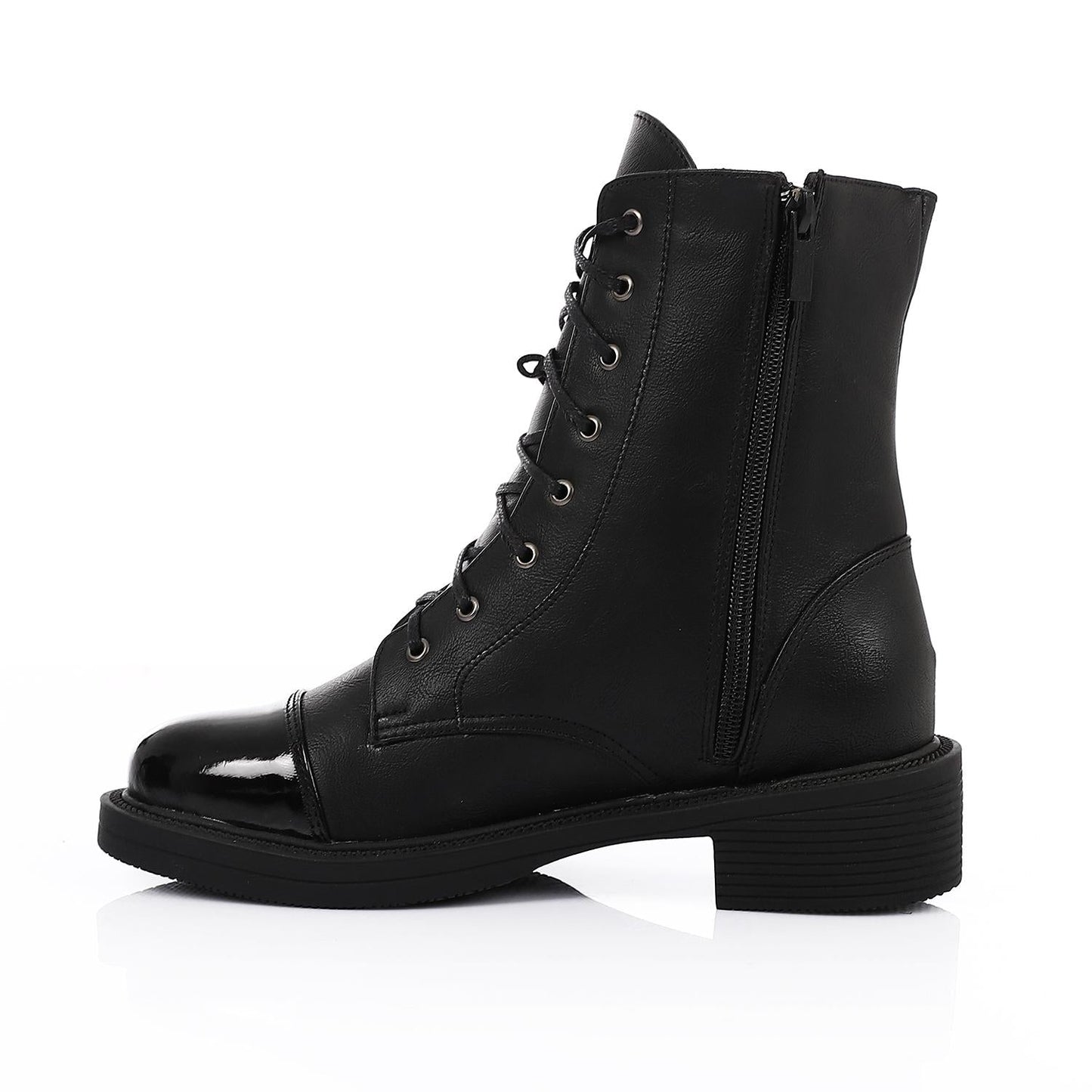Leather Patent Cap-Toe Combat Boots - Black