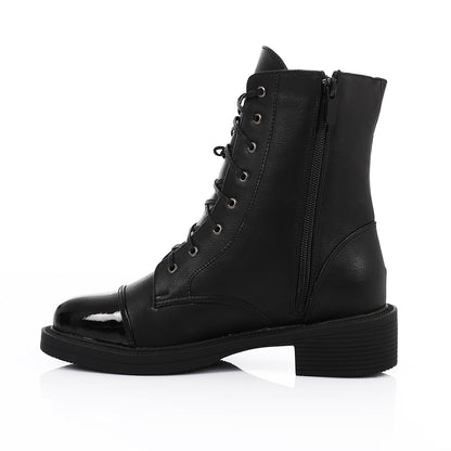 Leather Patent Cap-Toe Combat Boots - Black