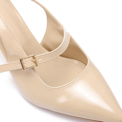 Patent Leather Pointed Toe Slingback Court Shoes - Beige