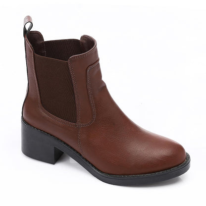 Leather Ankle Chelsea Boot with Block Heel - Brown
