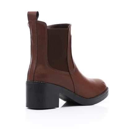 Leather Ankle Chelsea Boot with Block Heel - Brown