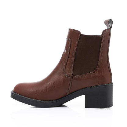 Leather Ankle Chelsea Boot with Block Heel - Brown