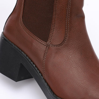 Leather Ankle Chelsea Boot with Block Heel - Brown
