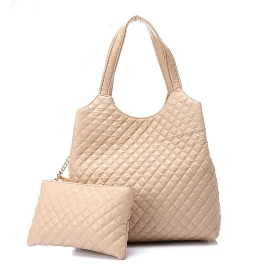 Faux Leather Quilted Hand Bag - Beige
