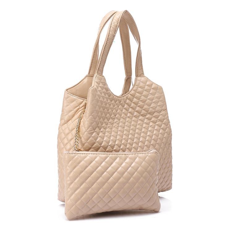 Faux Leather Quilted Hand Bag - Beige