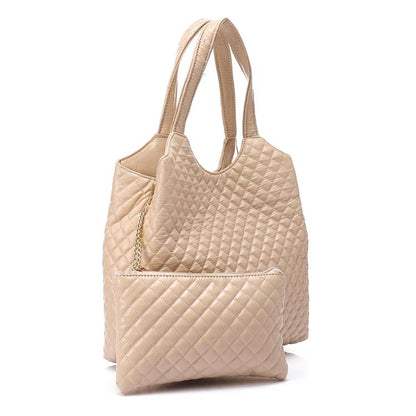Faux Leather Quilted Hand Bag - Beige