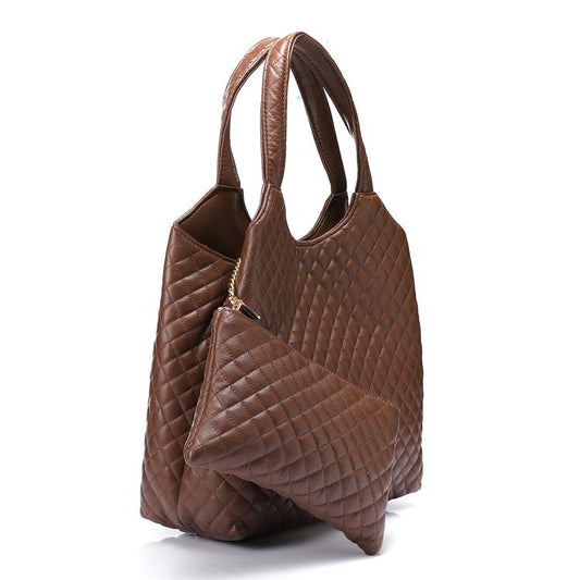 Faux Leather Quilted Hand Bag - Dark Brown