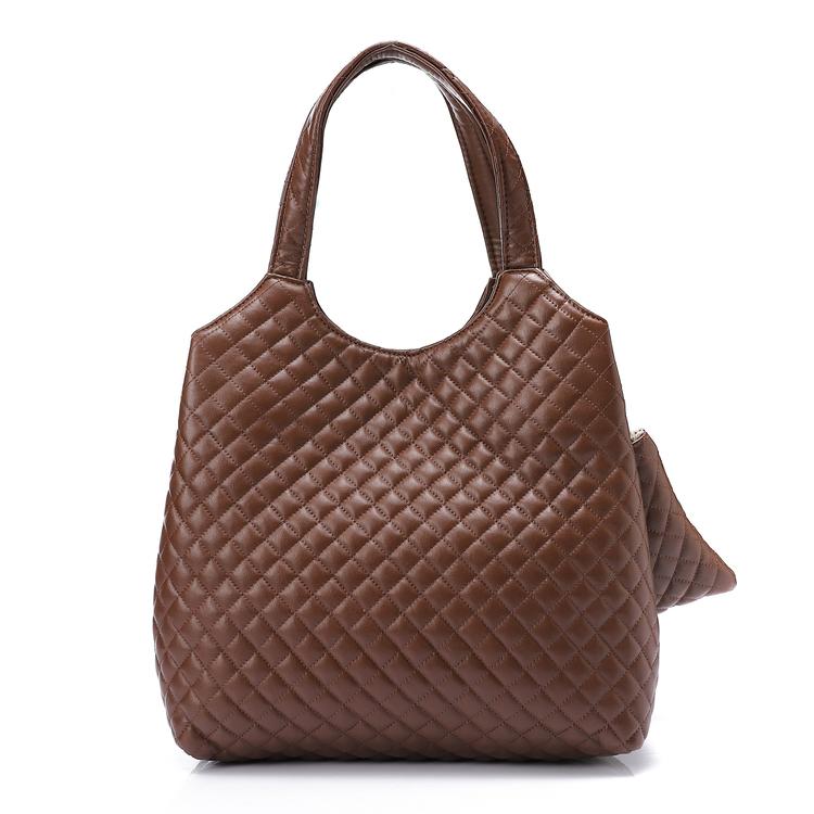 Faux Leather Quilted Hand Bag - Dark Brown