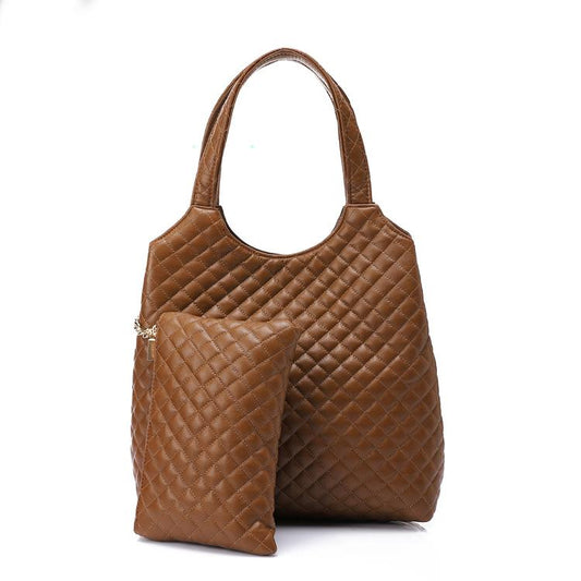 Faux Leather Quilted Hand Bag - Brown