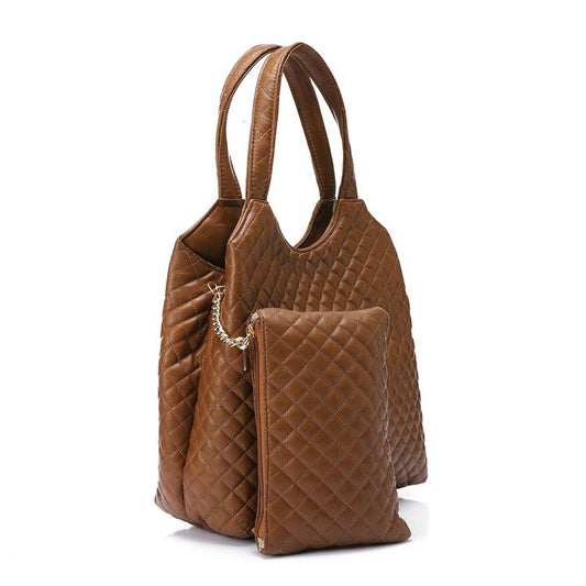 Faux Leather Quilted Hand Bag - Brown