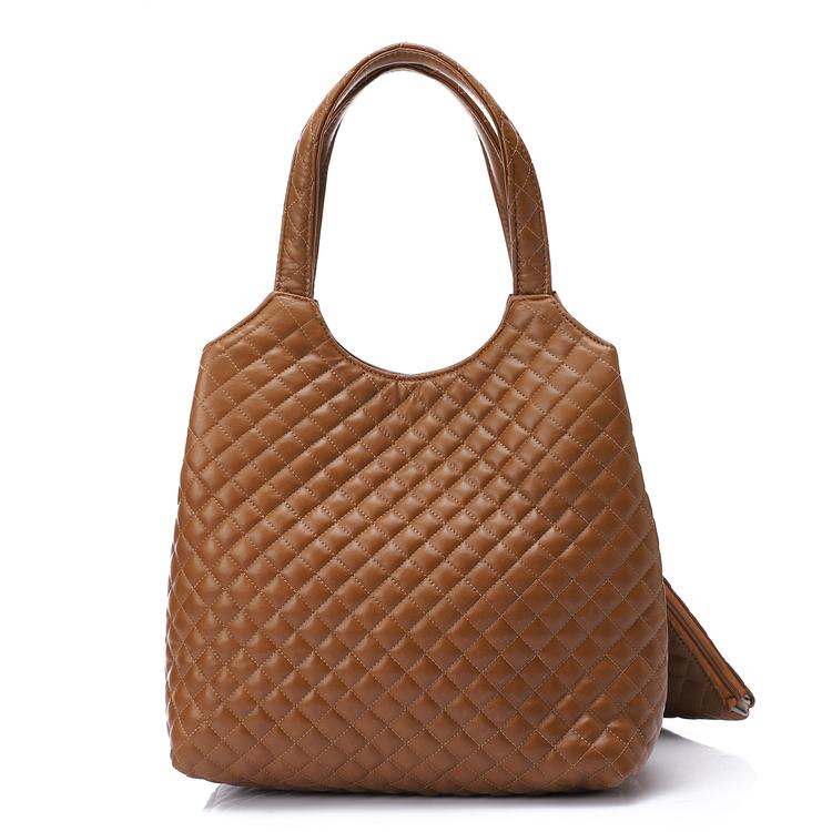 Faux Leather Quilted Hand Bag - Brown