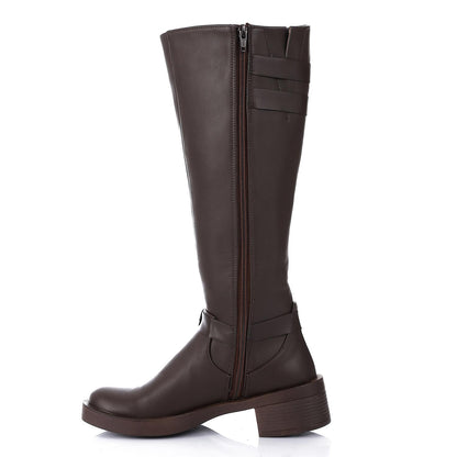 Faux Leather Solid Knee-High Boots - Brown