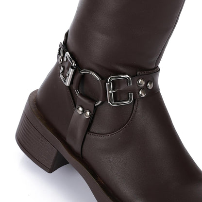 Faux Leather Solid Knee-High Boots - Brown