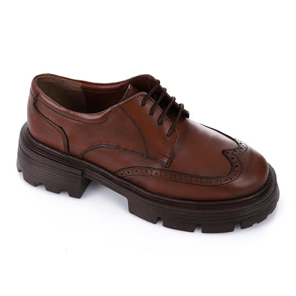 Leather Solid Lace-Up Shoes - Brown