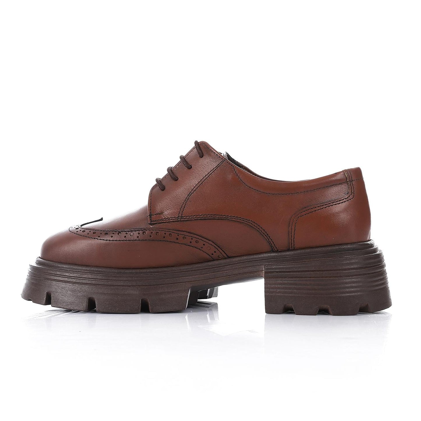 Leather Solid Lace-Up Shoes - Brown