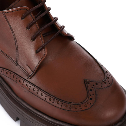 Leather Solid Lace-Up Shoes - Brown