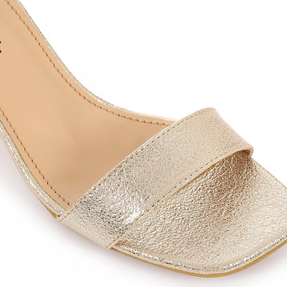 Faux Leather Low Heeled Ankle Strap Sandals - Gold