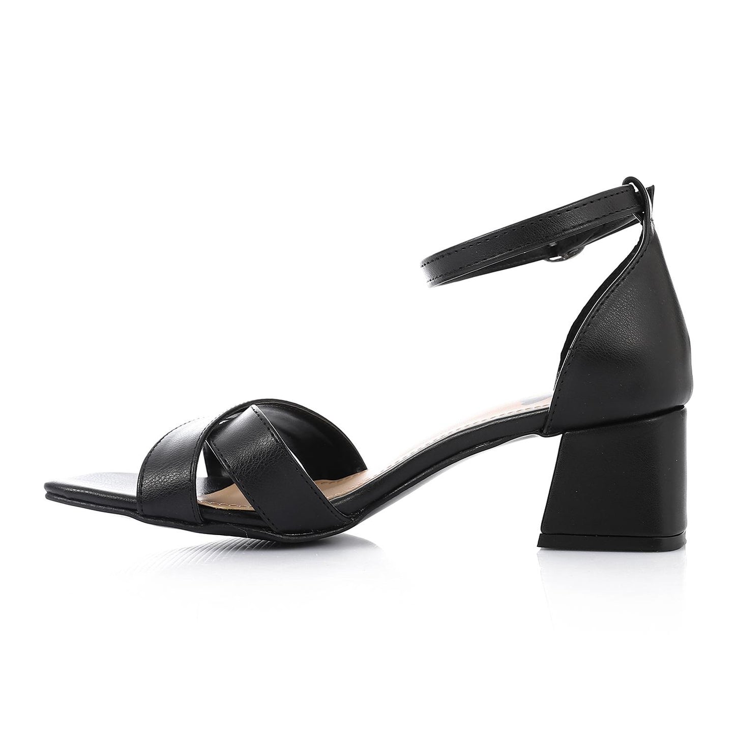Faux Leather Solid Block Heel Sandals – Black