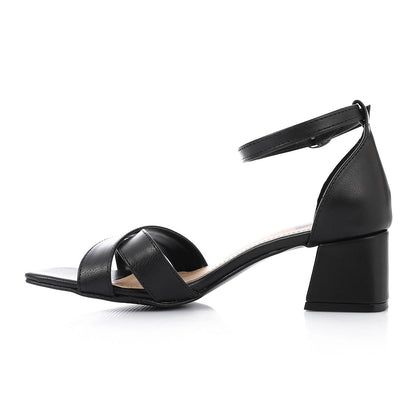 Faux Leather Solid Block Heel Sandals – Black
