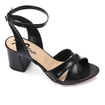 Faux Leather Cross-Strap Block Heel Sandals - Black