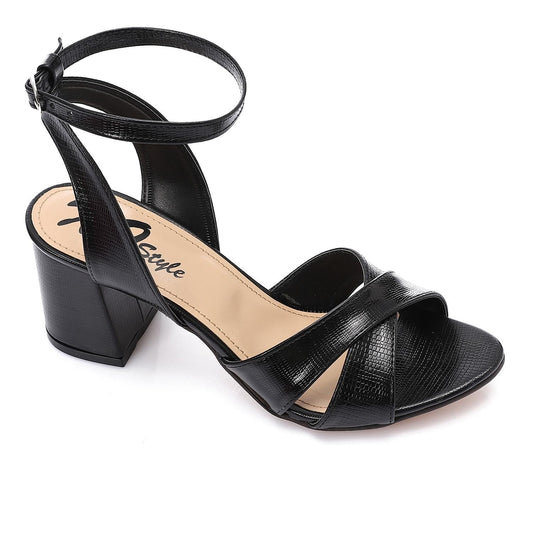 Faux Leather Cross-Strap Block Heel Sandals - Black