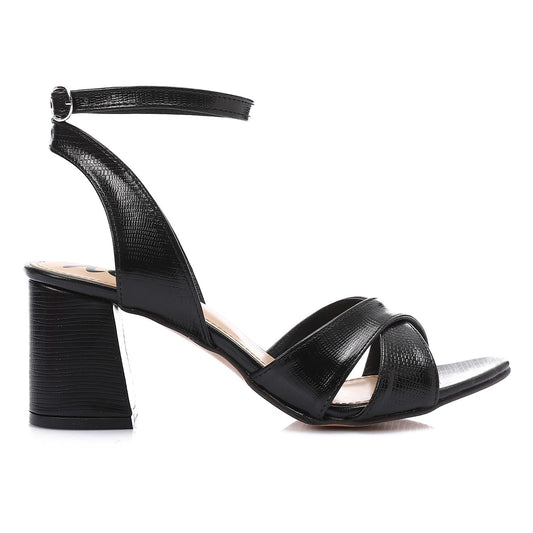 Faux Leather Cross-Strap Block Heel Sandals - Black