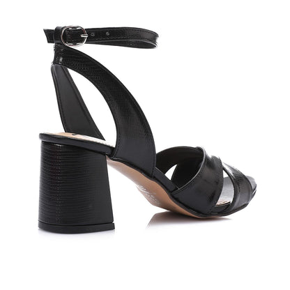 Faux Leather Cross-Strap Block Heel Sandals - Black
