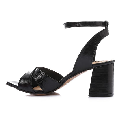 Faux Leather Cross-Strap Block Heel Sandals - Black