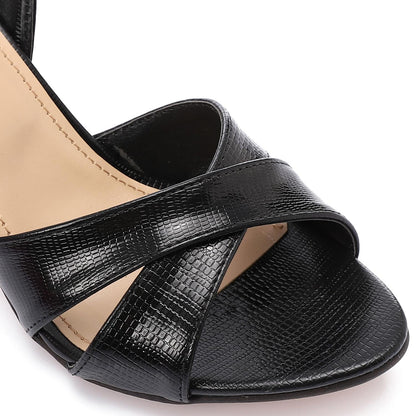 Faux Leather Cross-Strap Block Heel Sandals - Black