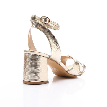 Faux Leather Cross-Strap Block Heel Sandals - Gold