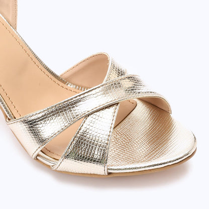 Faux Leather Cross-Strap Block Heel Sandals - Gold