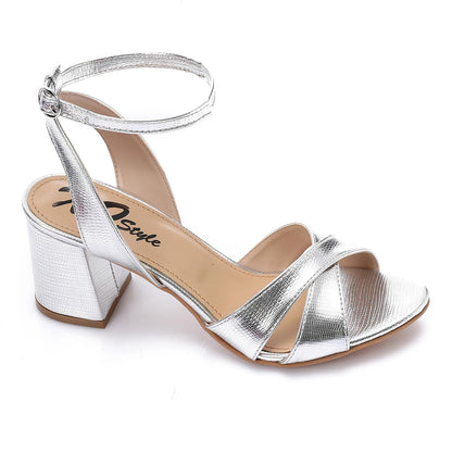 Faux Leather Cross-Strap Block Heel Sandals - Silver