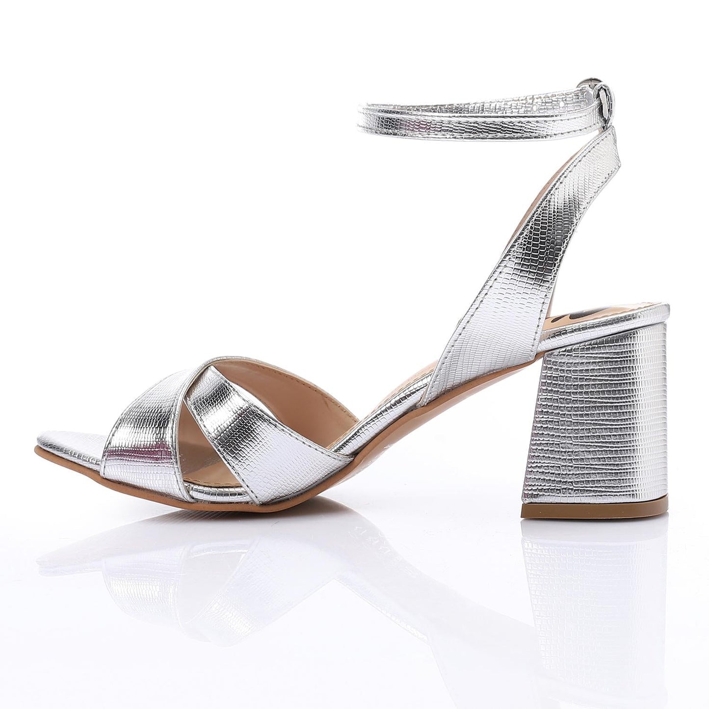 Faux Leather Cross-Strap Block Heel Sandals - Silver
