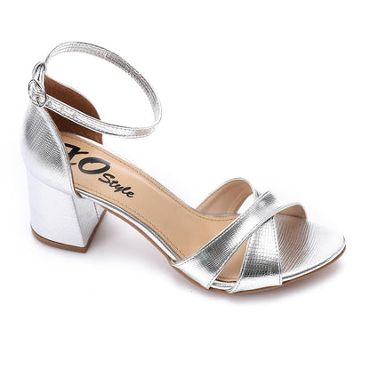 Faux Leather Metallic Textured Block Heel Sandals – Silver