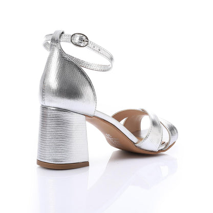 Faux Leather Metallic Textured Block Heel Sandals – Silver