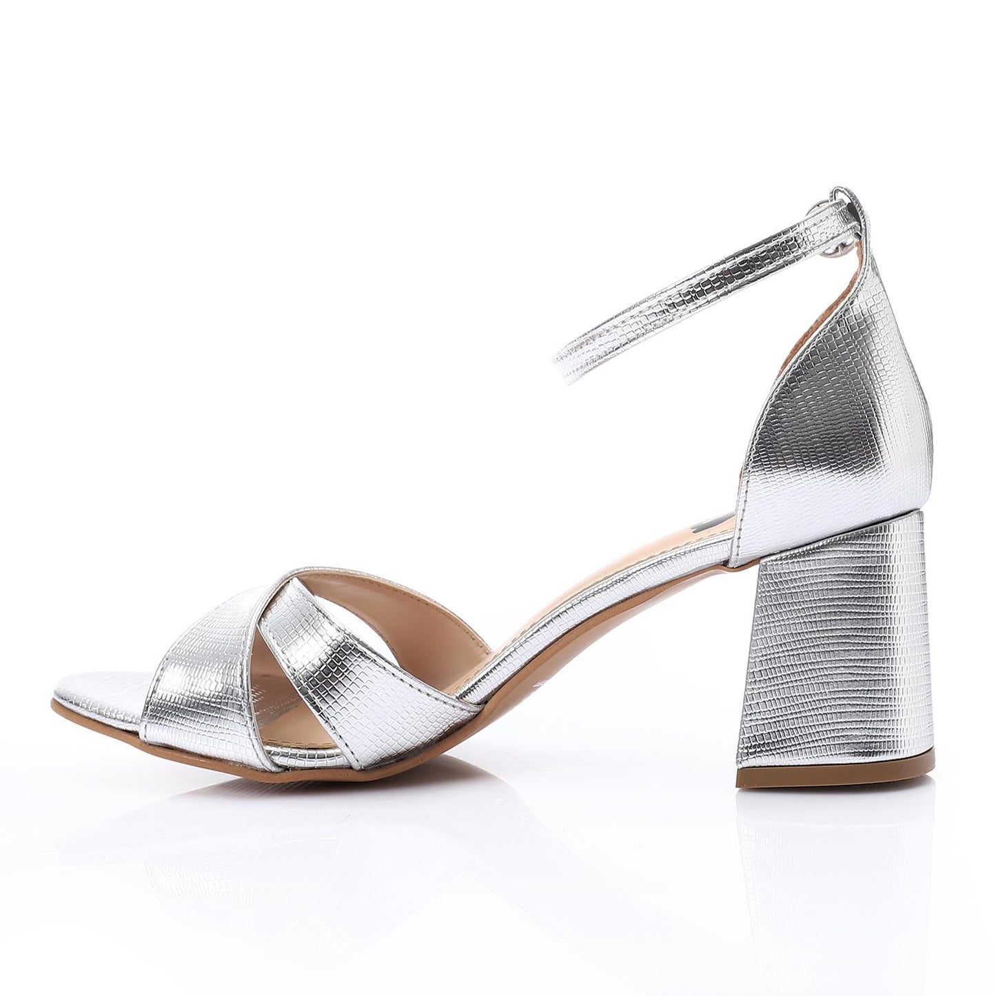 Faux Leather Metallic Textured Block Heel Sandals – Silver
