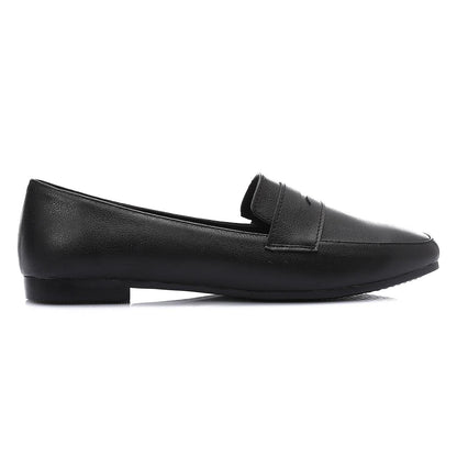 Leather Solid Flat Loafers – Black