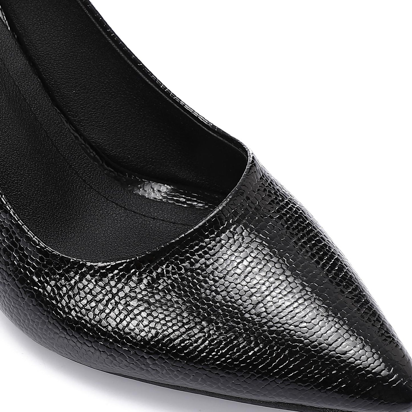 Faux Leather Textured Pointed-Toe Kitten Heels - Black