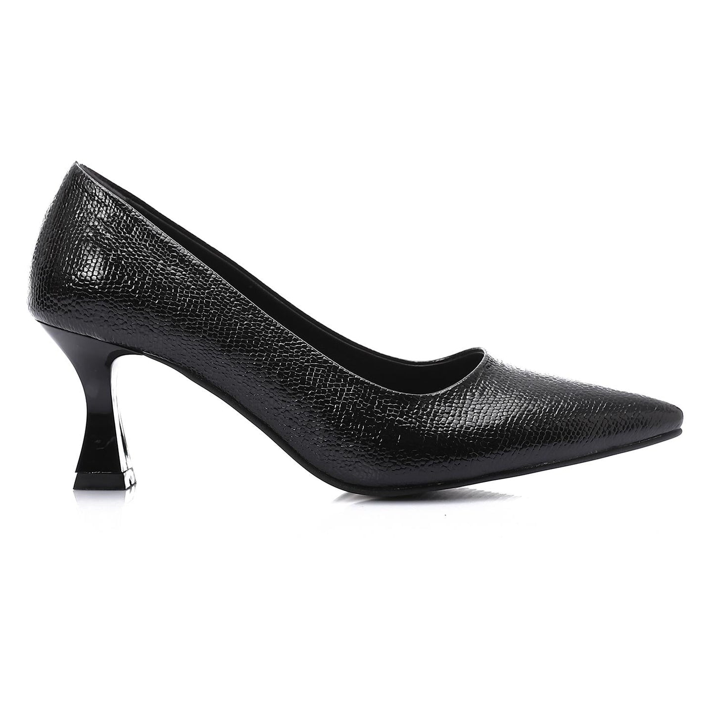 Faux Leather Textured Pointed-Toe Kitten Heels - Black