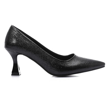 Faux Leather Textured Pointed-Toe Kitten Heels - Black