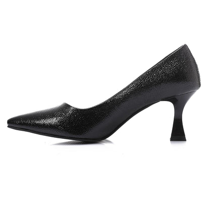 Faux Leather Textured Pointed-Toe Kitten Heels - Black