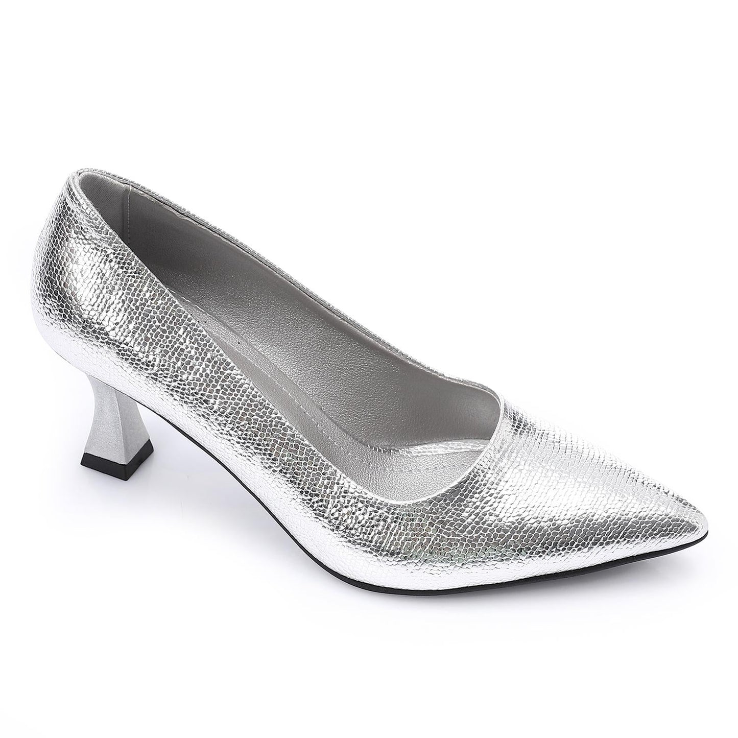 Faux Leather Pointed-Toe Sculptural Heel Pump - Silver