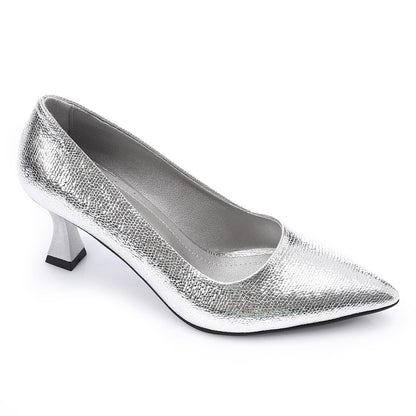 Faux Leather Pointed-Toe Sculptural Heel Pump - Silver