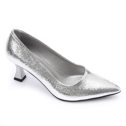 Faux Leather Pointed-Toe Sculptural Heel Pump - Silver