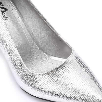 Faux Leather Textured Pointed-Toe Kitten Heels - Silver
