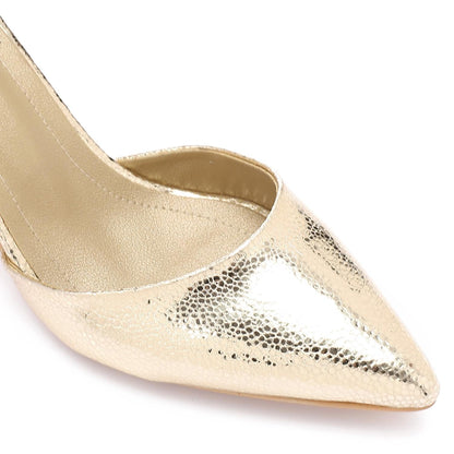 Faux Leather Pointed-Toe Kitten Heels - Gold