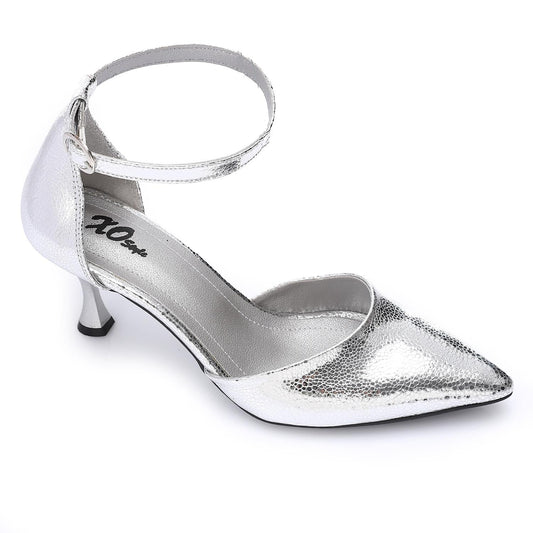 Faux Leather Pointed-Toe Kitten Heels - Silver