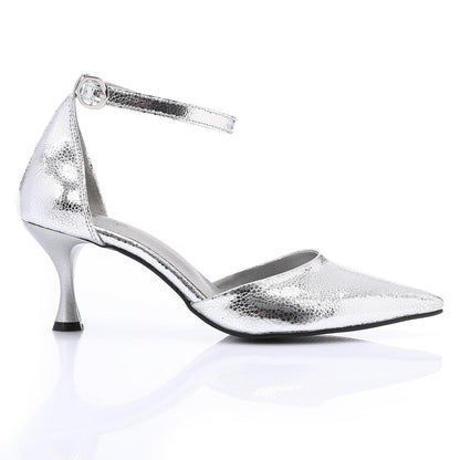 Faux Leather Pointed-Toe Kitten Heels - Silver