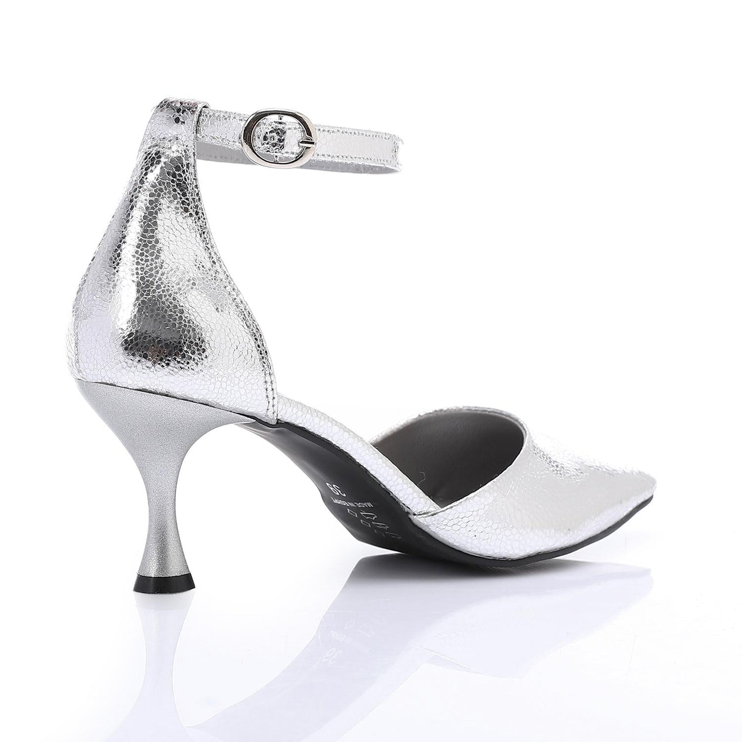 Faux Leather Pointed-Toe Kitten Heels - Silver